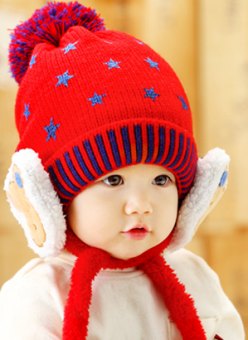 Cute Winter Star Fashion Knitted Hat with Bear Fleece Ear Muff Kids Toddler Baby 6-36mos