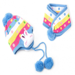 Super Cute Colorful Polka Dot Knitted Hat Scarf Set with Rabbit Ear Muff